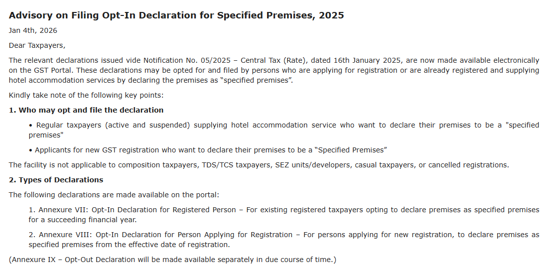 Advisory on Filing Opt-In Declaration for Specified Premises, 2025