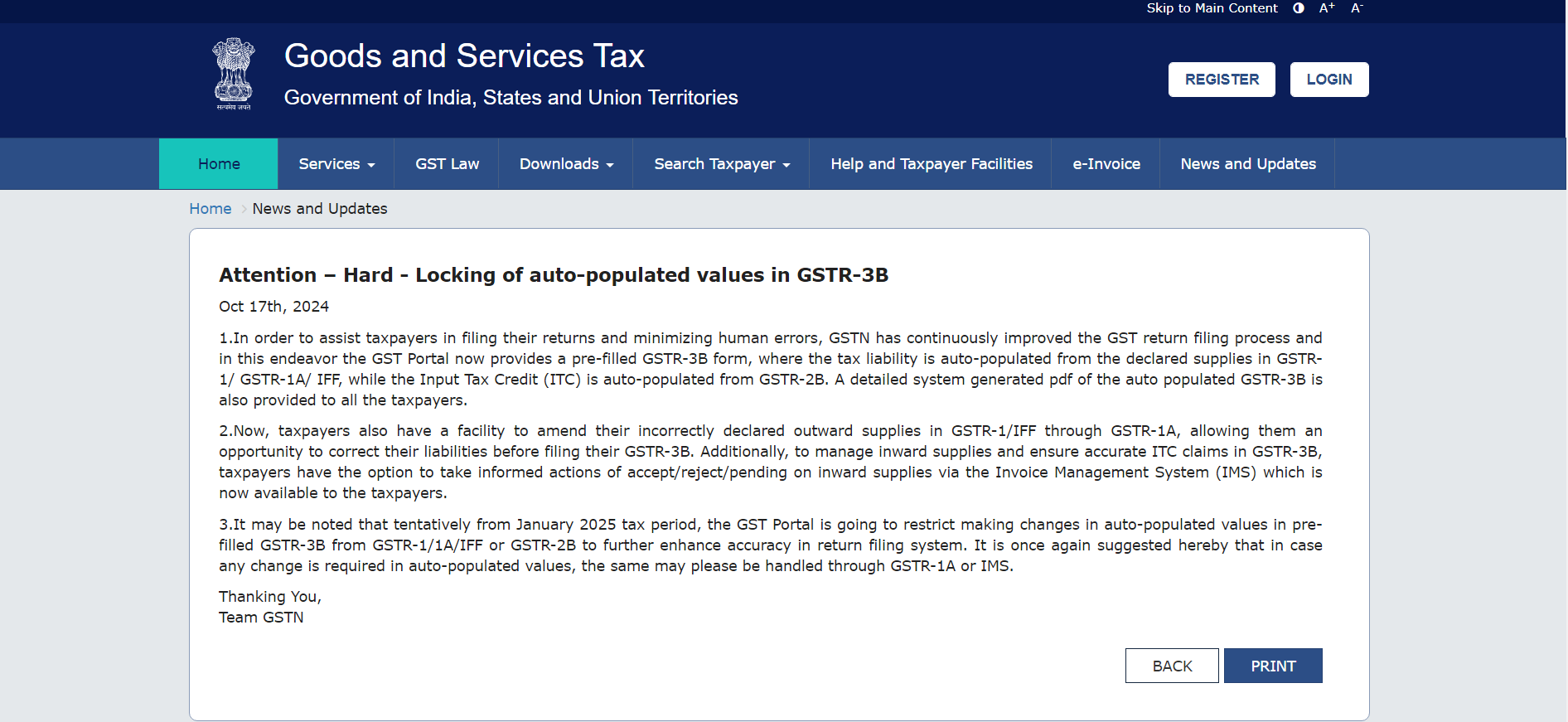 Attention – Hard - Locking of auto-populated values in GSTR-3B