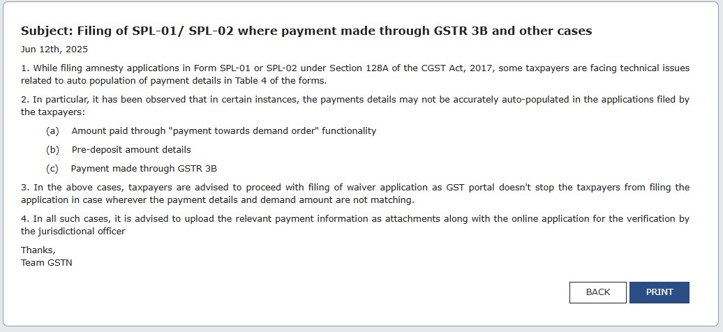 Filing of SPL-01/ SPL-02 where payment made through GSTR 3B and other cases