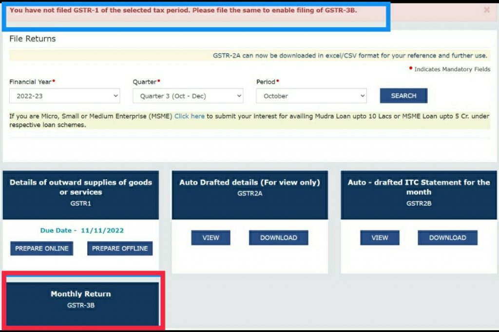 Due to non-filing of GSTR-1, the GST Common Portal restricts GSTR-3B