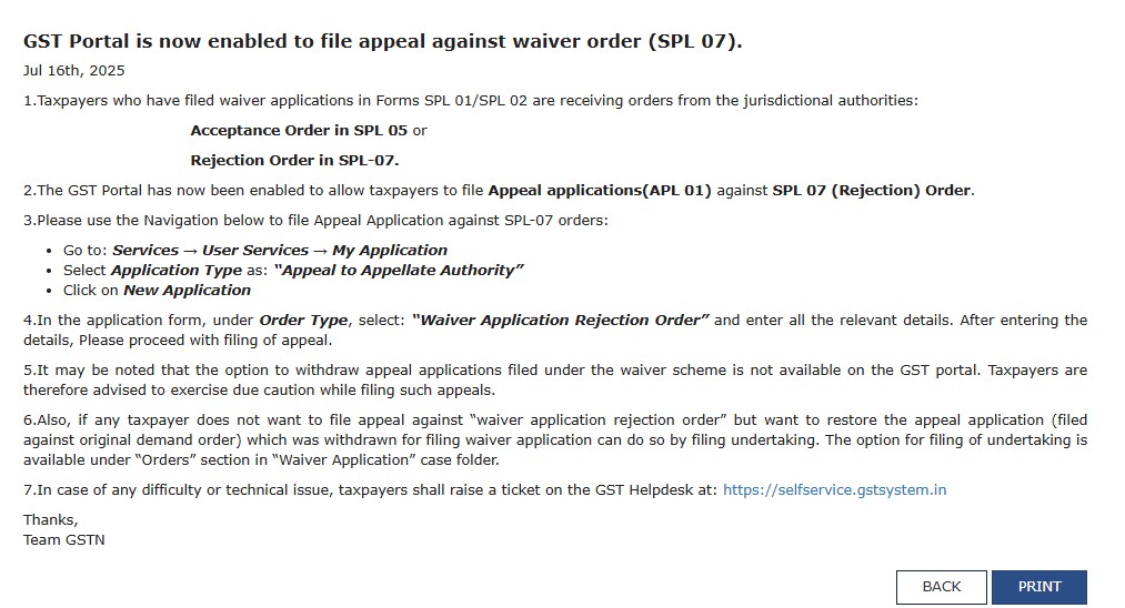 GST Portal is now enabled to file appeal against waiver order (SPL 07).