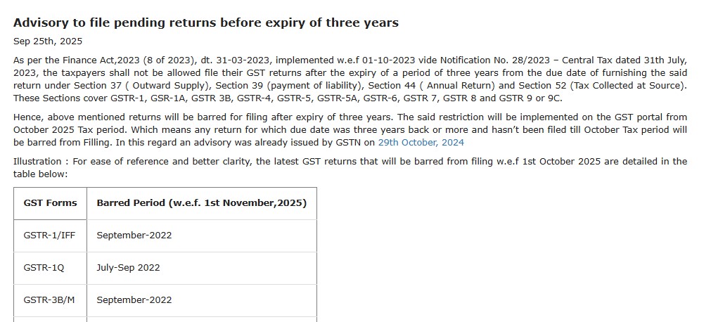 Advisory to file pending returns before expiry of three years