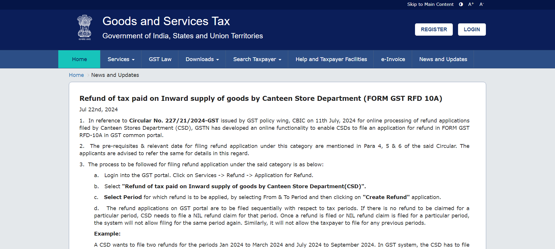 Refund of tax paid on Inward supply of goods by Canteen Store Department (FORM GST RFD 10A)