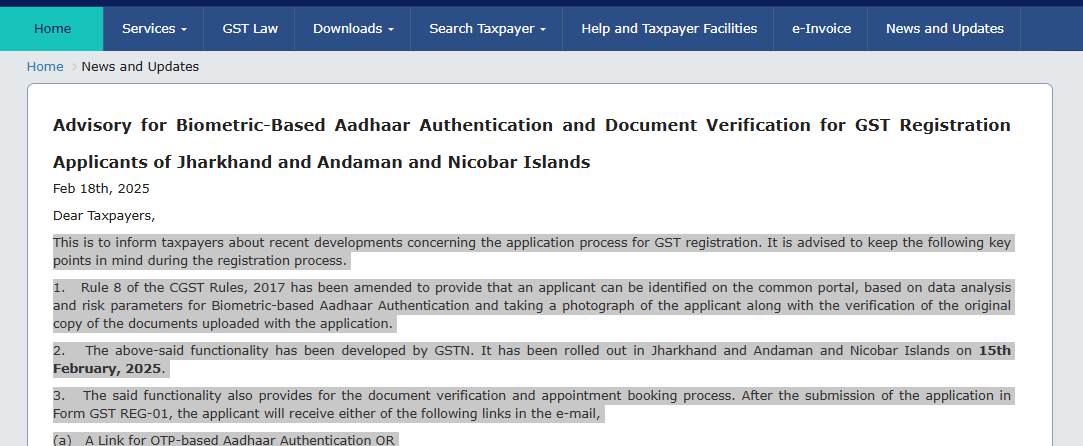 Biometric Aadhaar Authentication Advisory for GST Registration in Jharkhand & Andaman