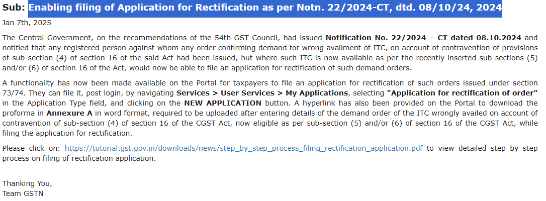 "Filing Application for Rectification under Notn. 22/2024-CT"