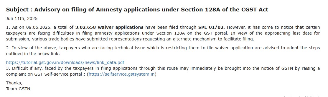 Advisory on filing of Amnesty applications under Section 128A of the CGST Act