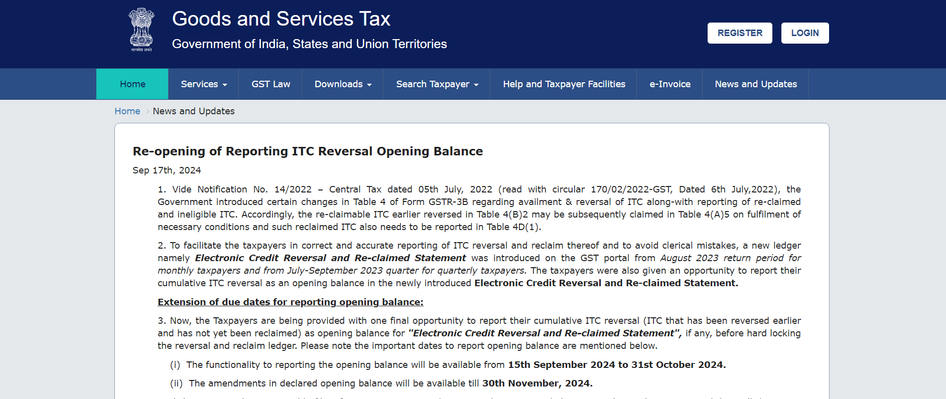 Re-opening of Reporting ITC Reversal Opening Balance