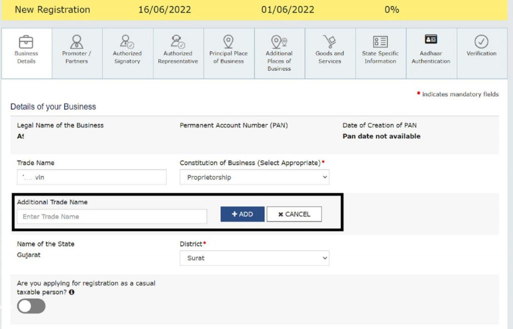 GSTN enabled new functionality to add “Additional Trade Name” under the same GSTIN
