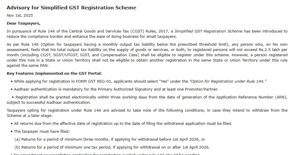 Advisory for Simplified GST Registration Scheme