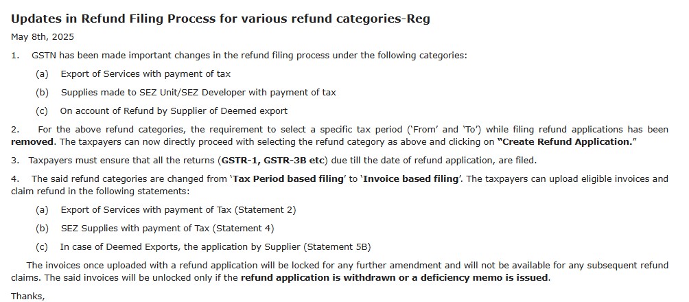Updates in Refund Filing Process for various refund categories-Reg