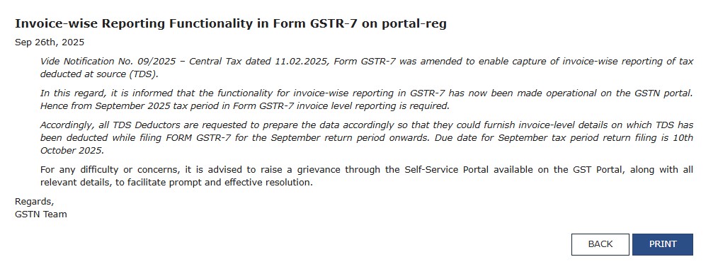 Invoice-wise Reporting Functionality in Form GSTR-7 on portal-reg