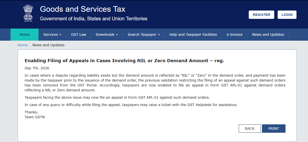 Enabling Filing of Appeals in Cases Involving NIL or Zero Demand Amount – reg.