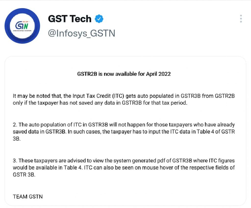 GSTN: GSTR-2B is now available for April 2022 on GST Portal