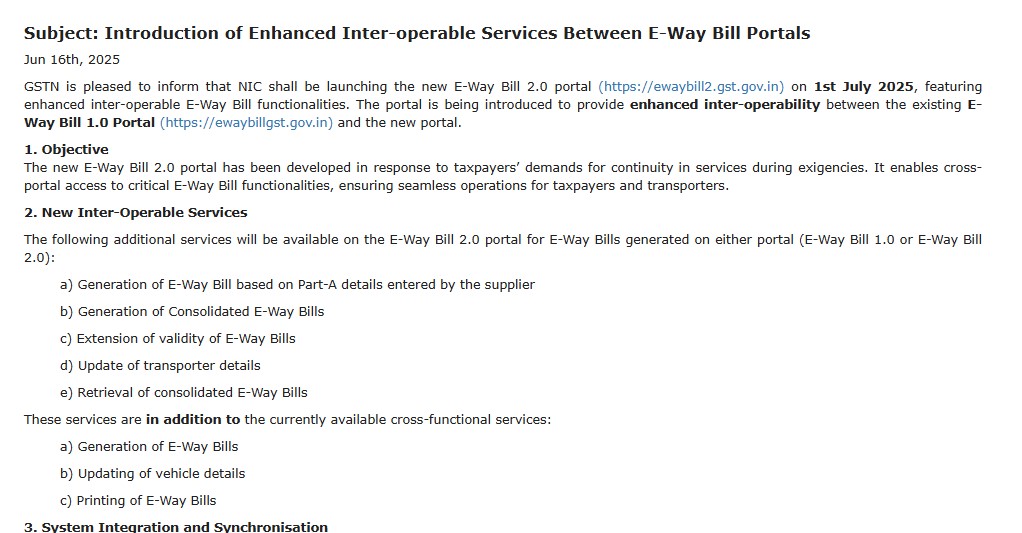 Introduction of Enhanced Inter-operable Services Between E-Way Bill Portals