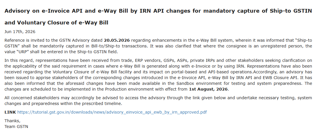 GSTN Issues Advisory on e-Invoice API Changes and Voluntary E-Way Bill Closure