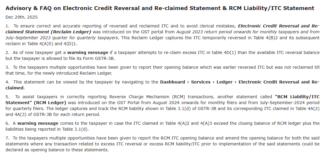 Advisory & FAQ on Electronic Credit Reversal, Re-claim & RCM ITC