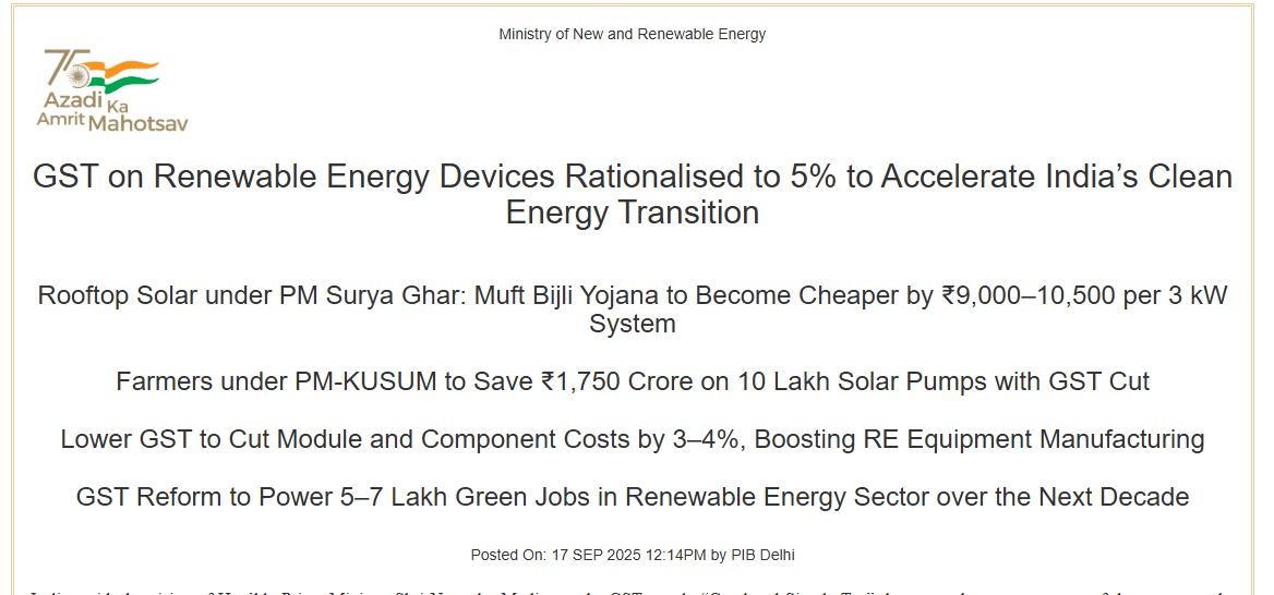 GST on Renewable Energy Devices Rationalised to 5% to Accelerate India’s Clean Energy Transition