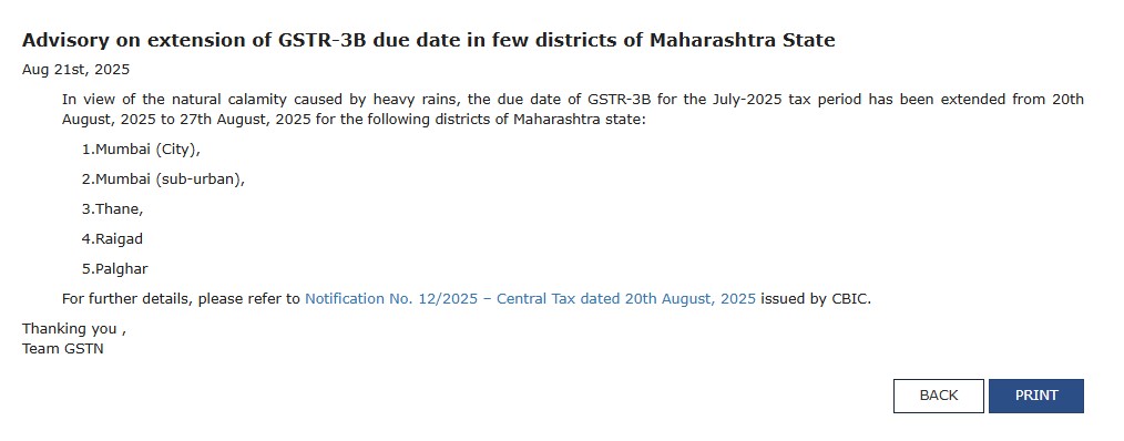 Advisory on extension of GSTR-3B due date in few districts of Maharashtra State
