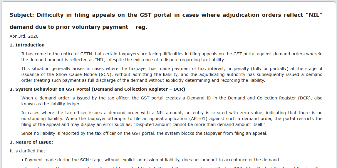 Subject: Difficulty Filing Appeals for NIL Demand Orders on GST Portal