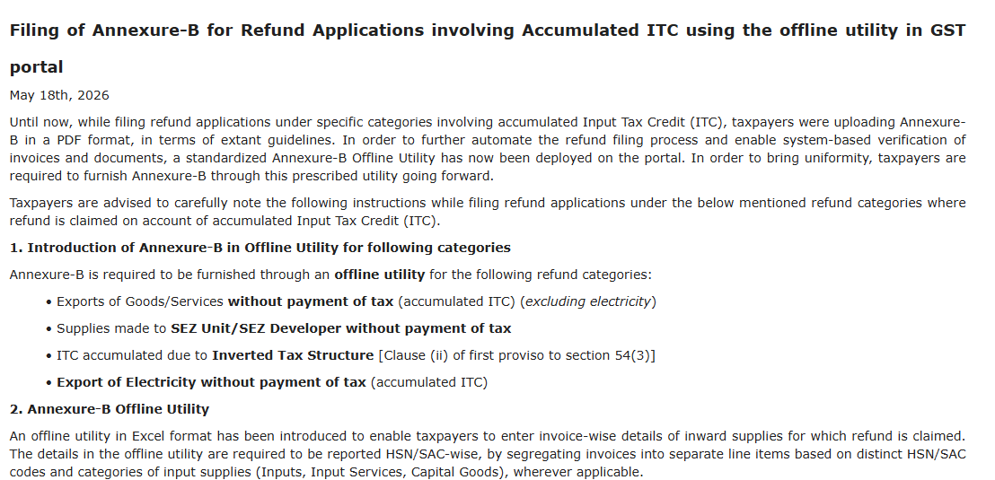 Offline Annexure-B Filing for ITC Refund Applications on GST Portal