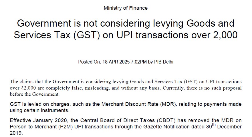 Government is not considering levying Goods and Services Tax (GST) on UPI transactions over 2,000