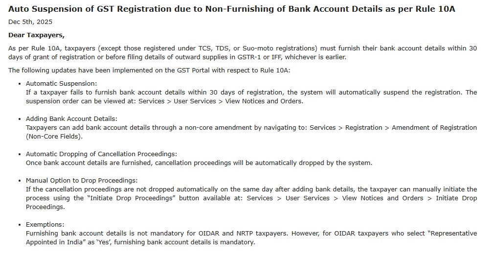 Auto-suspension of GST registration for missing bank details