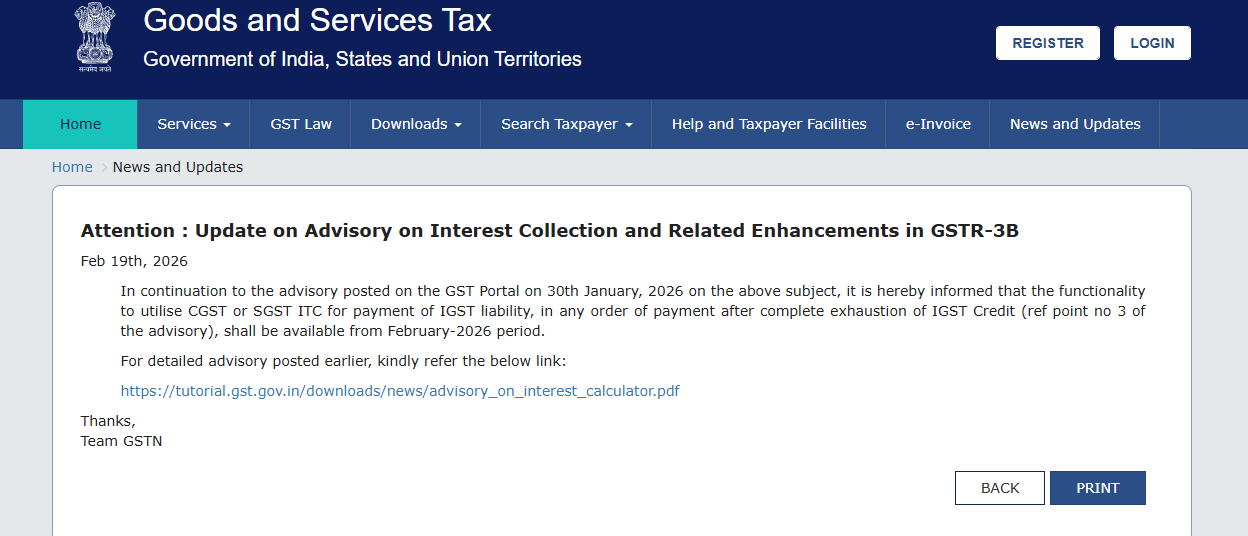 Attention : Update on Advisory on Interest Collection and Related Enhancements in GSTR-3B